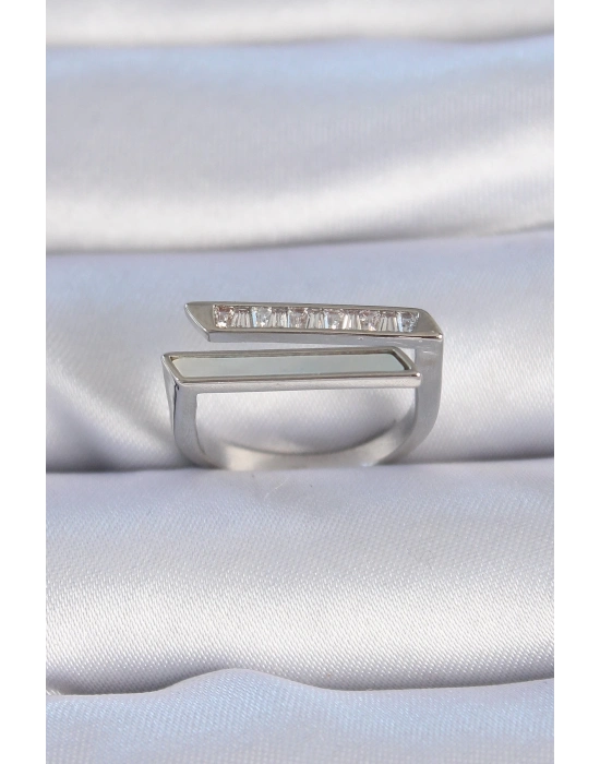 ® Pirinç Gümüş Renk Zirkon Taşlı Beyaz Sedef Detay Kadın Yüzük