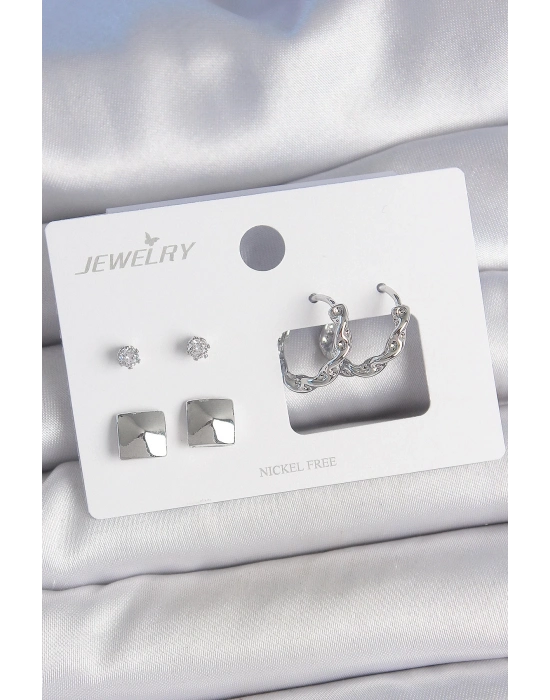 ® Pirinç Gümüş Renk Zirkon Taşlı Burgu Halka Model Kare Detay 3 Çift Kadın Küpe Seti