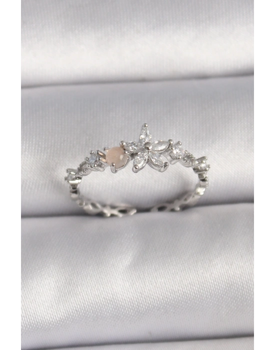 ® Pirinç Gümüş Renk Zirkon Taşlı Çiçek Model Ayarlanabilir Yüzük