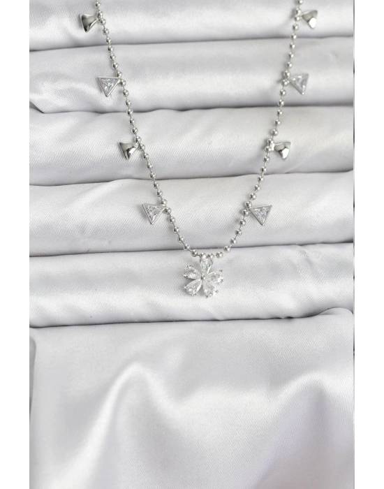 ® Pirinç Gümüş Renk Zirkon Taşlı Çiçek Model Kadın Kolye