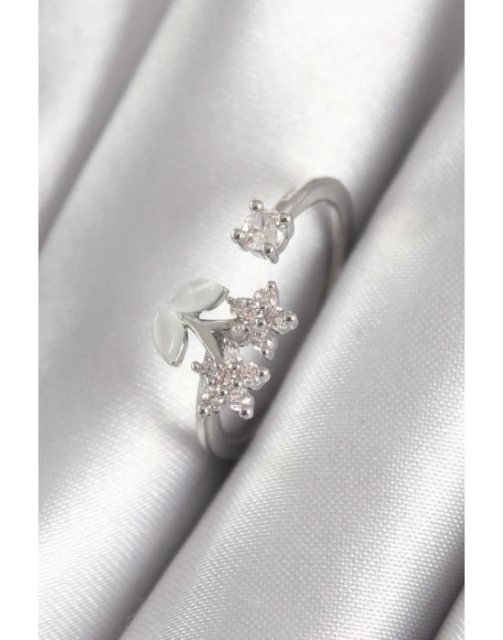 ® Pirinç Gümüş Renk Zirkon Taşlı Çiçek Model Kadın Yüzük