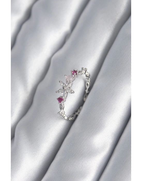 ® Pirinç Gümüş Renk Zirkon Taşlı Çiçek Model Pembe Zirkon Taş Detay Kadın Yüzük