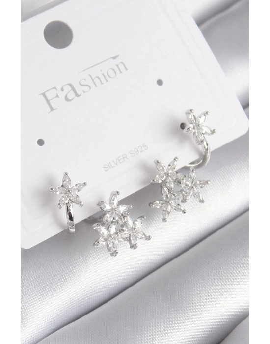 ® Pirinç Gümüş Renk Zirkon Taşlı Çiçek Tasarım Kadın Küpe