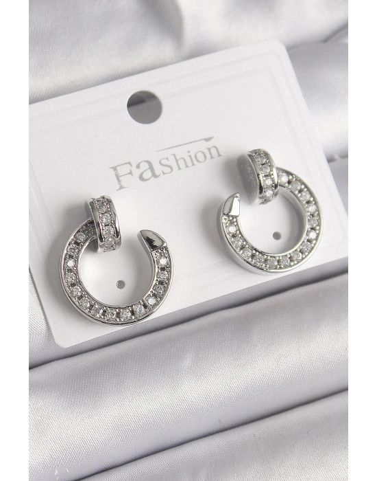 ® Pirinç Gümüş Renk Zirkon Taşlı Çivi Halka Model Kadın Küpe