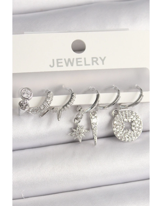 ® Pirinç Gümüş Renk Zirkon Taşlı Çoklu Figür Kadın Küpe Seti