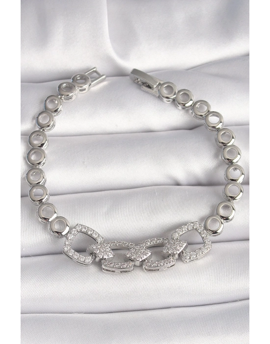 ® Pirinç Gümüş Renk Zirkon Taşlı Daire Zincir Model Kadın Bileklik