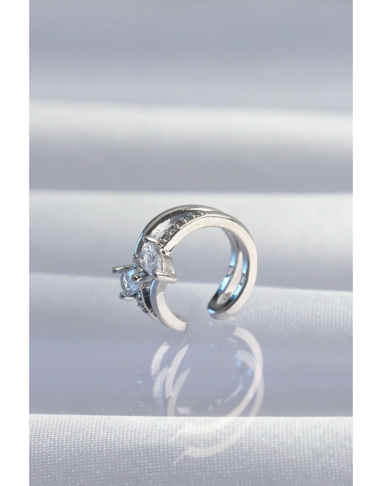 ® Pirinç Gümüş Renk Zirkon Taşlı Damla Earcuff Küpe