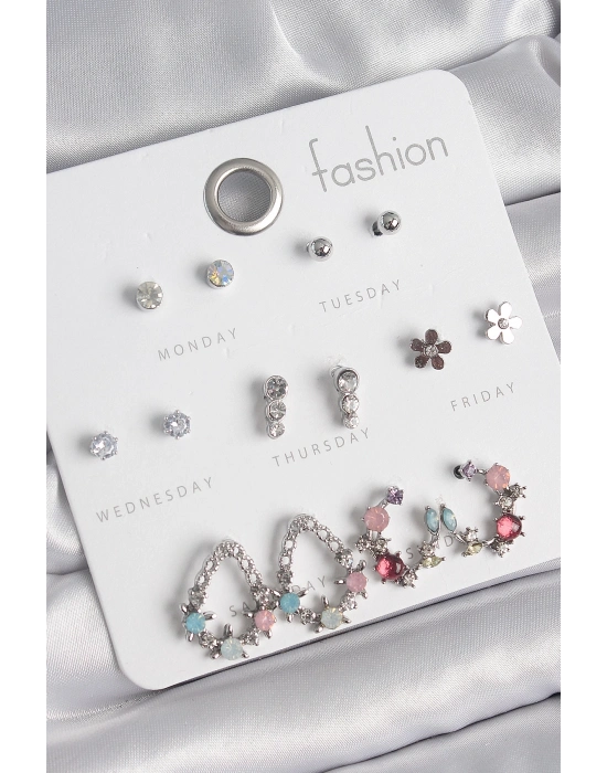 ® Pirinç Gümüş Renk Zirkon Taşlı Damla Model Çiçek Detay 7 Çift Kadın Küpe Seti