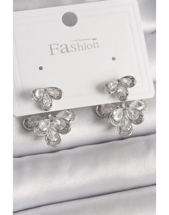 ® Pirinç Gümüş Renk Zirkon Taşlı Damla Model Kadın Küpe