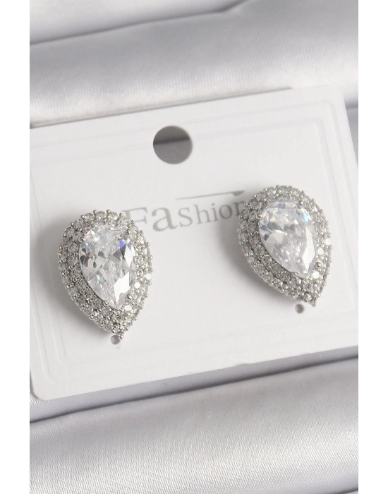 ® Pirinç Gümüş Renk Zirkon Taşlı Damla Model Kadın Küpe