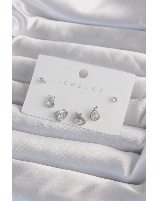 ® Pirinç Gümüş Renk Zirkon Taşlı Damla Model Küpe Seti