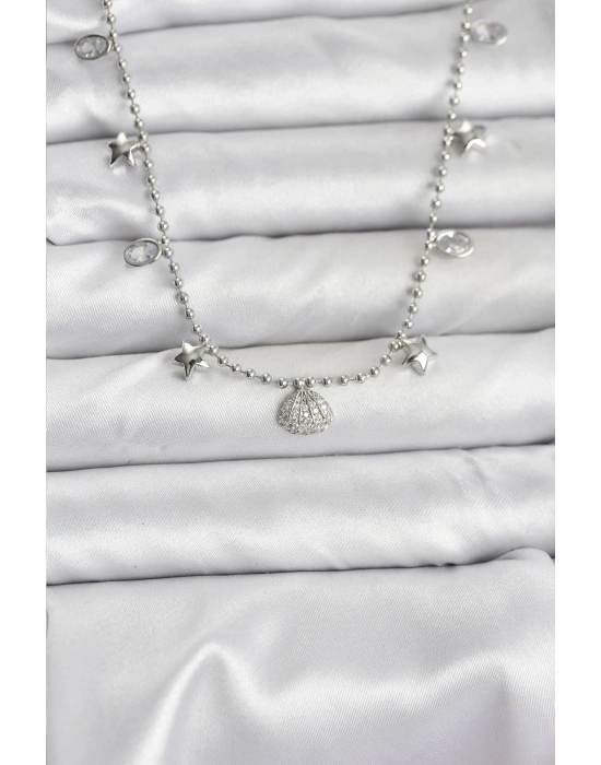 ® Pirinç Gümüş Renk Zirkon Taşlı Deniz Kabuğu Model Kadın Kolye