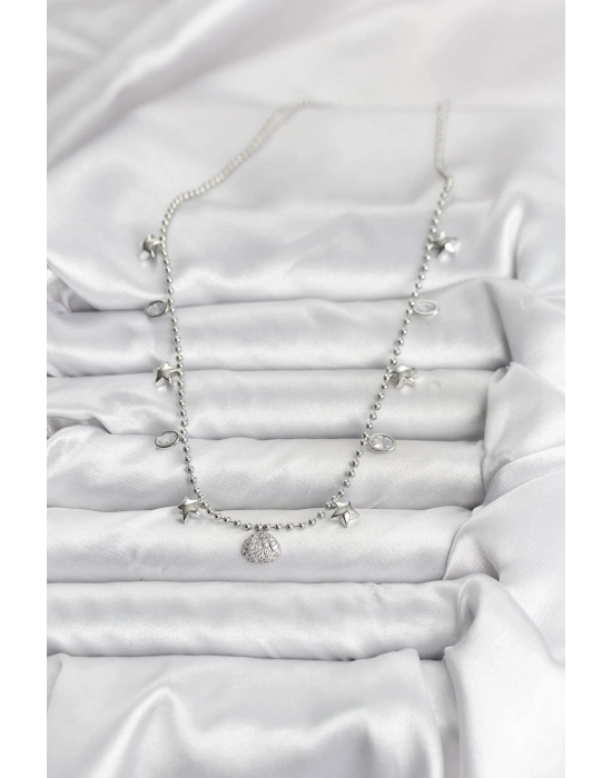 ® Pirinç Gümüş Renk Zirkon Taşlı Deniz Kabuğu Model Kadın Kolye