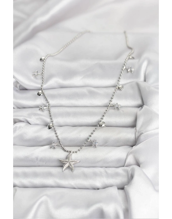 ® Pirinç Gümüş Renk Zirkon Taşlı Deniz Yıldızı Model Kadın Kolye
