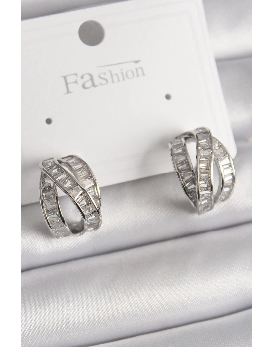 ® Pirinç Gümüş Renk Zirkon Taşlı Düğüm Halka Model Kadın Küpe