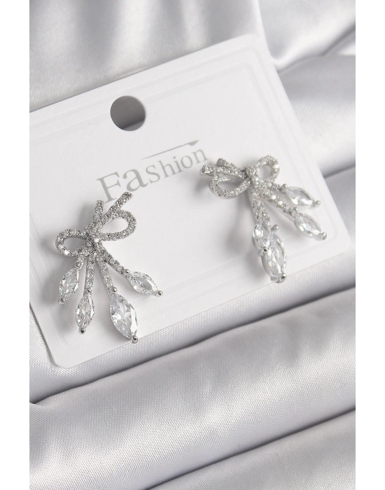 ® Pirinç Gümüş Renk Zirkon Taşlı Düğüm Model Damla Zirkon Taşlı Kadın Küpe