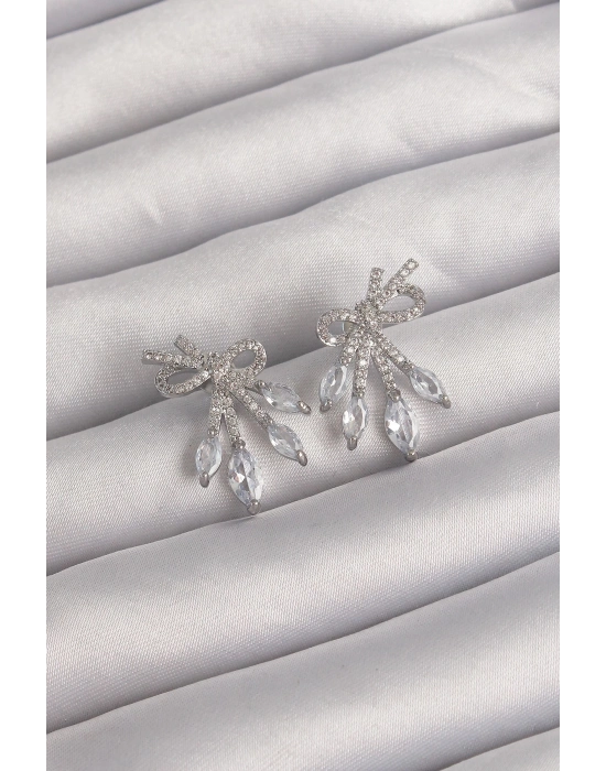 ® Pirinç Gümüş Renk Zirkon Taşlı Fiyonk Küpe