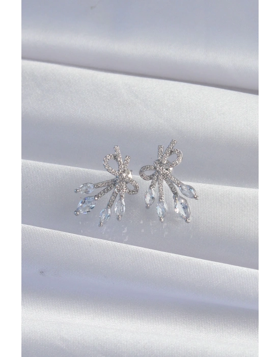 ® Pirinç Gümüş Renk Zirkon Taşlı Fiyonk Küpe