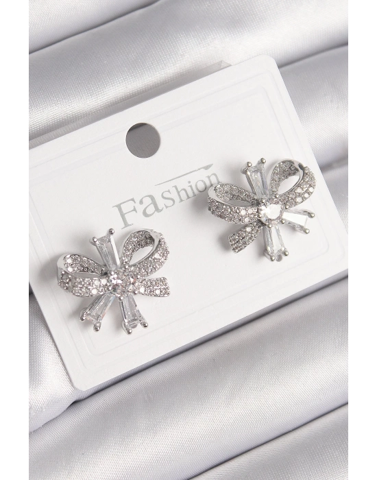 ® Pirinç Gümüş Renk Zirkon Taşlı Fiyonk Model Kadın Küpe