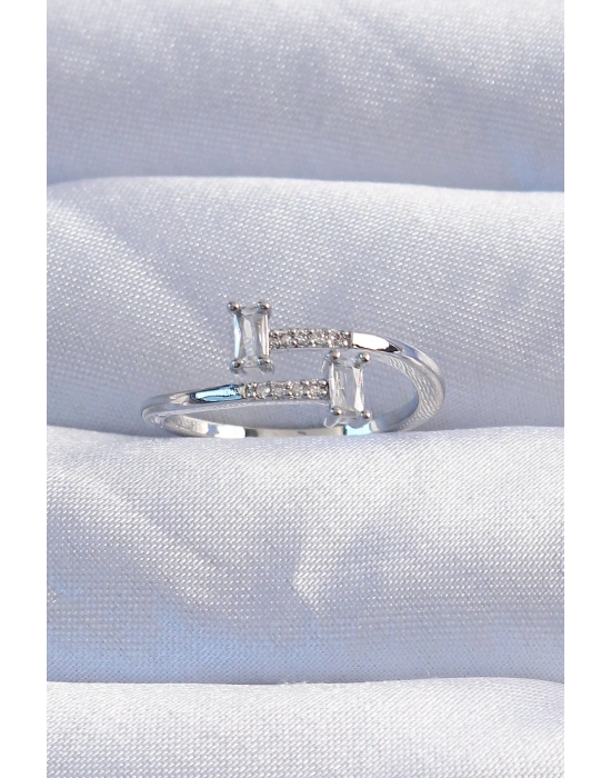 ® Pirinç Gümüş Renk Zirkon Taşlı Geometrik Ayarlanabilir Yüzük