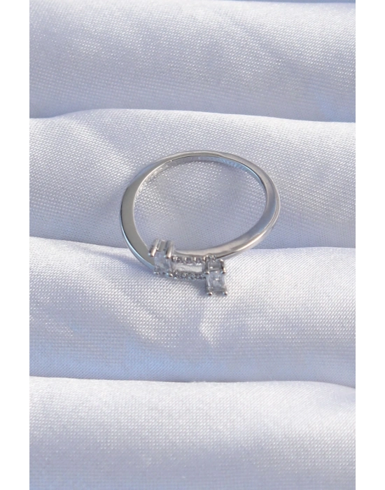 ® Pirinç Gümüş Renk Zirkon Taşlı Geometrik Ayarlanabilir Yüzük