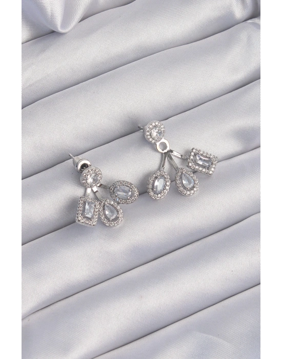 ® Pirinç Gümüş Renk Zirkon Taşlı Geometrik Model Küpe