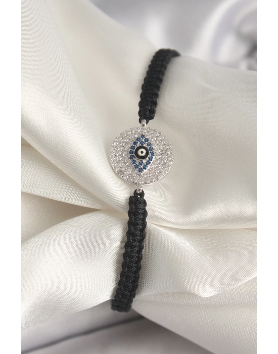 ® Pirinç Gümüş Renk Zirkon Taşlı Göz İşlemeli Figür Asansörlü Makrome Model Kadın Bileklik