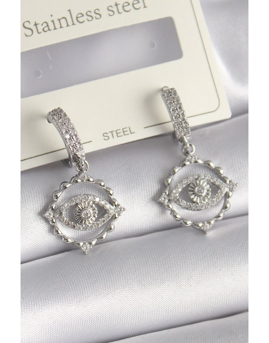 ® Pirinç Gümüş Renk Zirkon Taşlı Göz Model Kadın Küpe