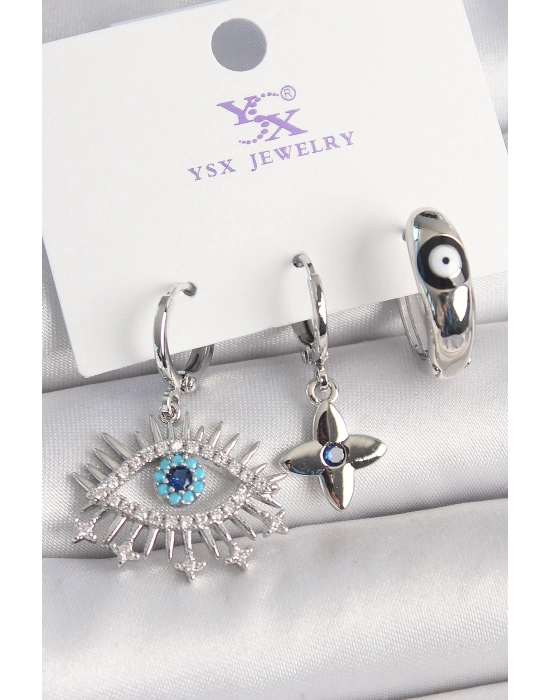 ® Pirinç Gümüş Renk Zirkon Taşlı Göz Model Nazar Boncuk Detay 3Lü Kadın Kombin Küpe
