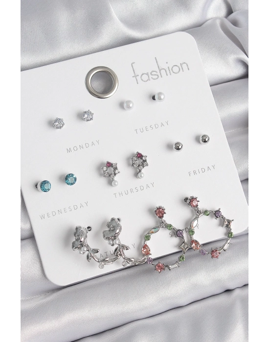 ® Pirinç Gümüş Renk Zirkon Taşlı Gül Figür Halka Model 7 Çift Kadın Küpe Seti