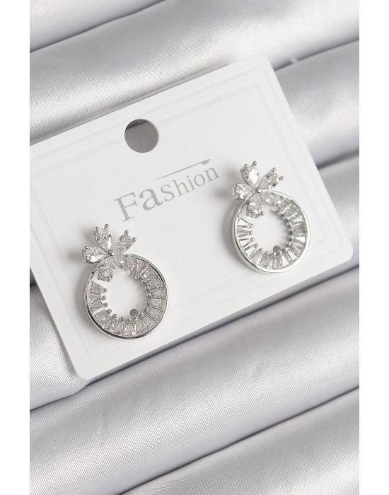 ® Pirinç Gümüş Renk Zirkon Taşlı Halka Model Çiçek Figür Kadın Küpe