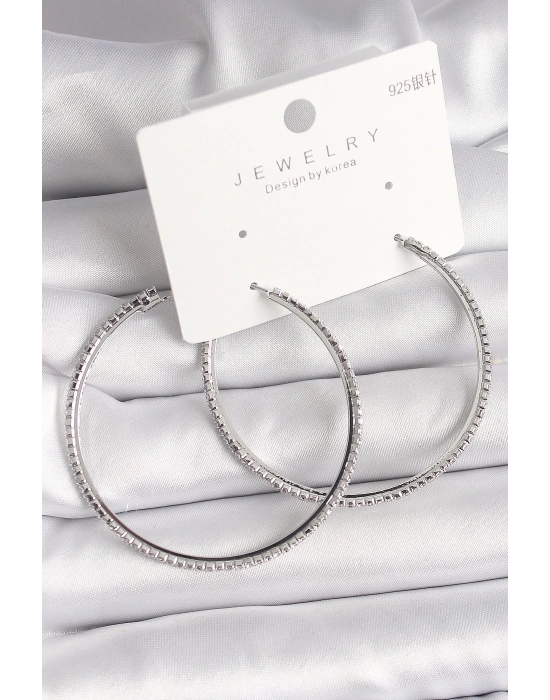 ® Pirinç Gümüş Renk Zirkon Taşlı Halka Model Kadın Küpe