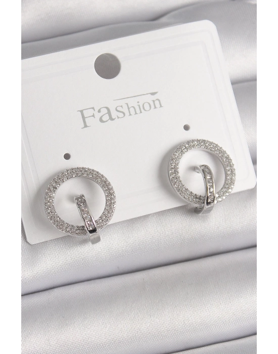 ® Pirinç Gümüş Renk Zirkon Taşlı Halka Model Kadın Küpe