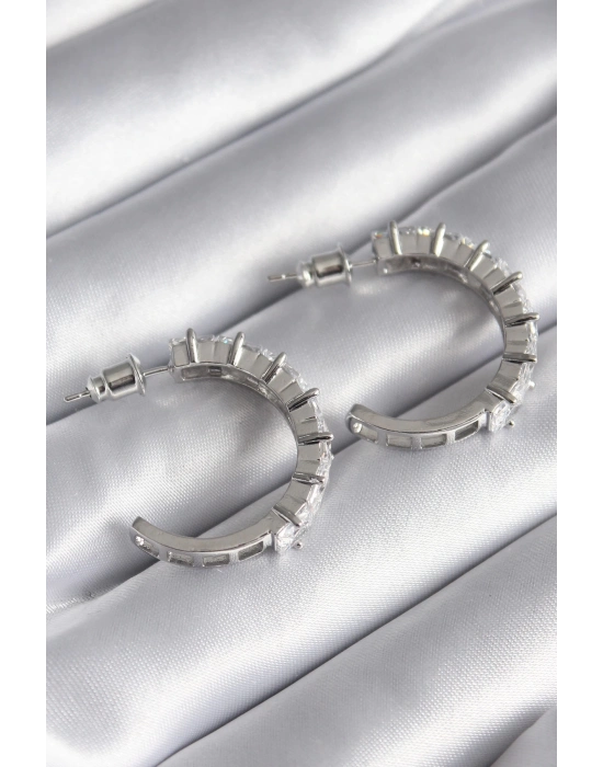 ® Pirinç Gümüş Renk Zirkon Taşlı Halka Model Kadın Küpe