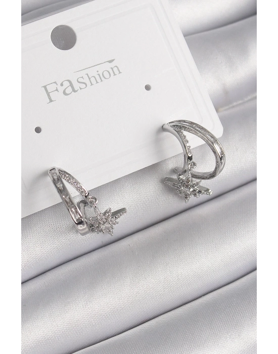 ® Pirinç Gümüş Renk Zirkon Taşlı Halka Model Sallantı Yıldız Detay Kadın Küpe