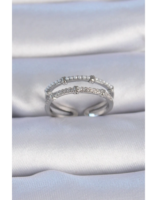 ® Pirinç Gümüş Renk Zirkon Taşlı İnci Detay Kadın Yüzük