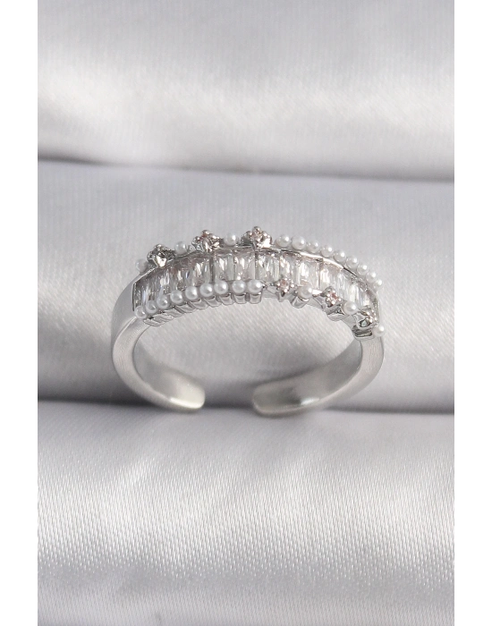 ® Pirinç Gümüş Renk Zirkon Taşlı İnci Detay VIP Seri Kadın Yüzük