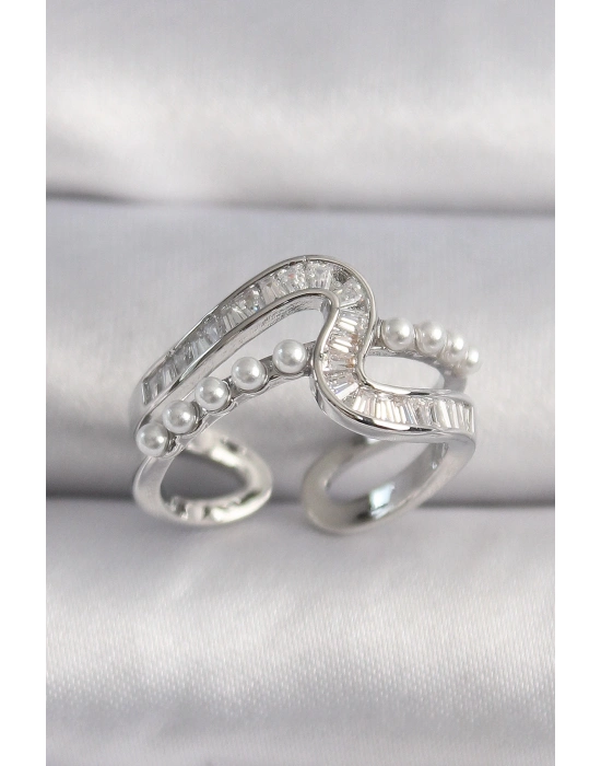 ® Pirinç Gümüş Renk Zirkon Taşlı İnci Detay VIP Seri Kadın Yüzük