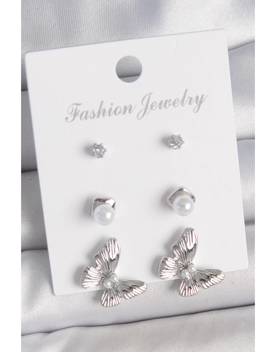 ® Pirinç Gümüş Renk Zirkon Taşlı İnci Detaylı Kelebek Model 3 Çift Kadın Küpe Seti