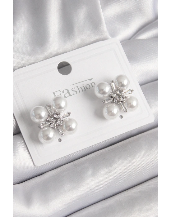 ® Pirinç Gümüş Renk Zirkon Taşlı İncili Kadın Küpe