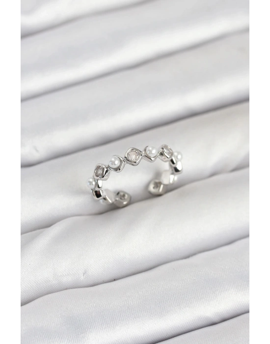 ® Pirinç Gümüş Renk Zirkon Taşlı İncili Kadın Yüzük