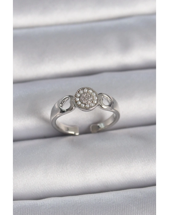 ® Pirinç Gümüş Renk Zirkon Taşlı İncili Kalp İşleme Detay Ayarlanabilir Model Kadın Yüzük