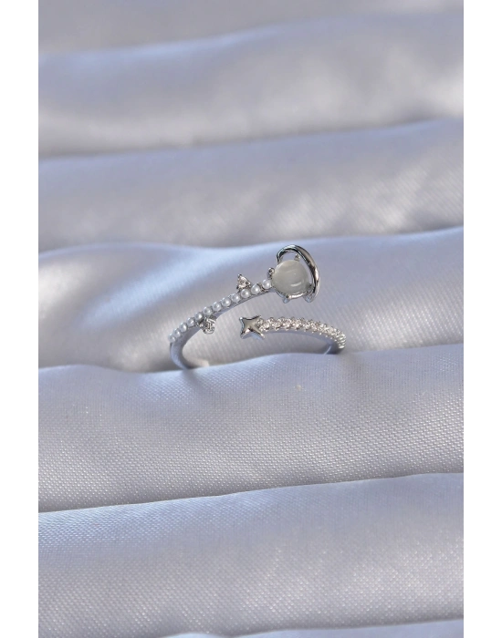 ® Pirinç Gümüş Renk Zirkon Taşlı İncili Satürn Model Ayarlanabilir Yüzük