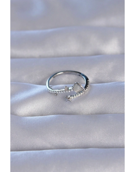 ® Pirinç Gümüş Renk Zirkon Taşlı İncili Satürn Model Ayarlanabilir Yüzük