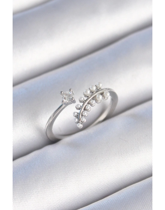 ® Pirinç Gümüş Renk Zirkon Taşlı İncili Yaprak Model Kadın Yüzük