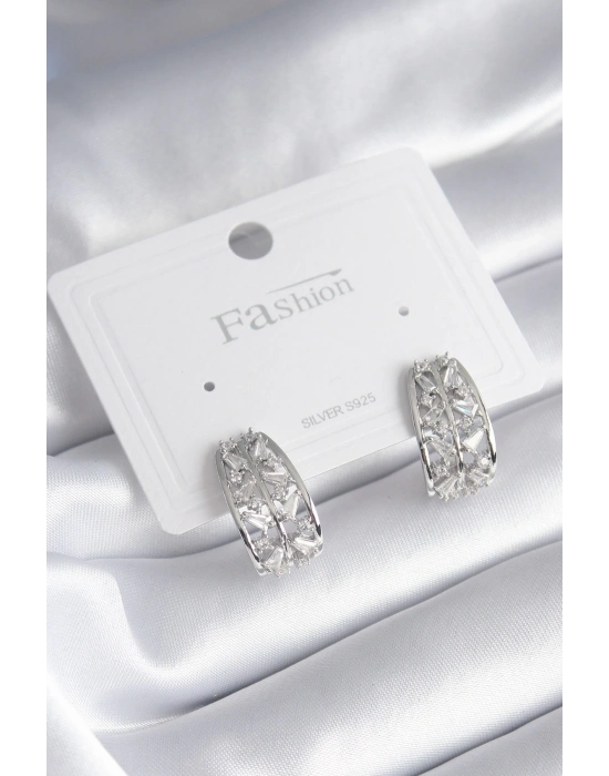 ® Pirinç Gümüş Renk Zirkon Taşlı Kadın Küpe