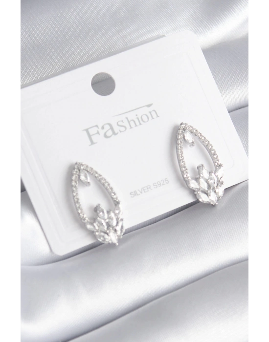 ® Pirinç Gümüş Renk Zirkon Taşlı Kadın Küpe