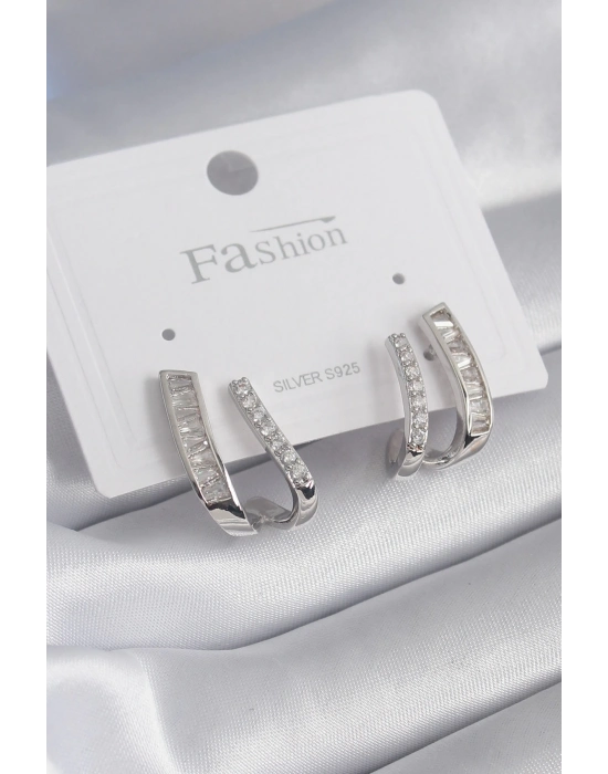 ® Pirinç Gümüş Renk Zirkon Taşlı Kadın Küpe