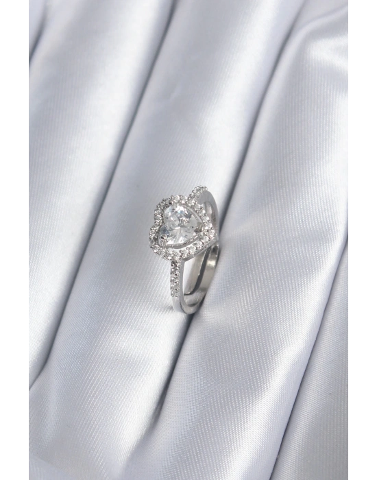 ® Pirinç Gümüş Renk Zirkon Taşlı Kalp Charm Model Kadın Yüzük