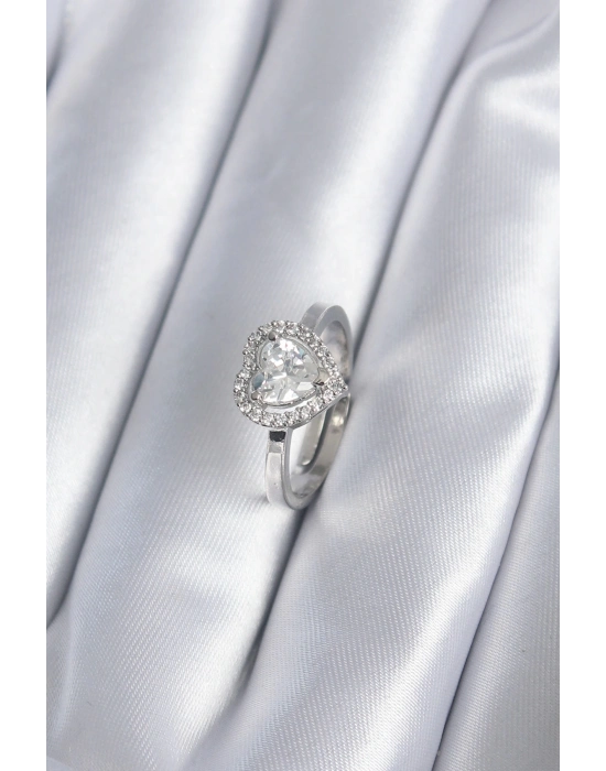 ® Pirinç Gümüş Renk Zirkon Taşlı Kalp Charm Model Kadın Yüzük